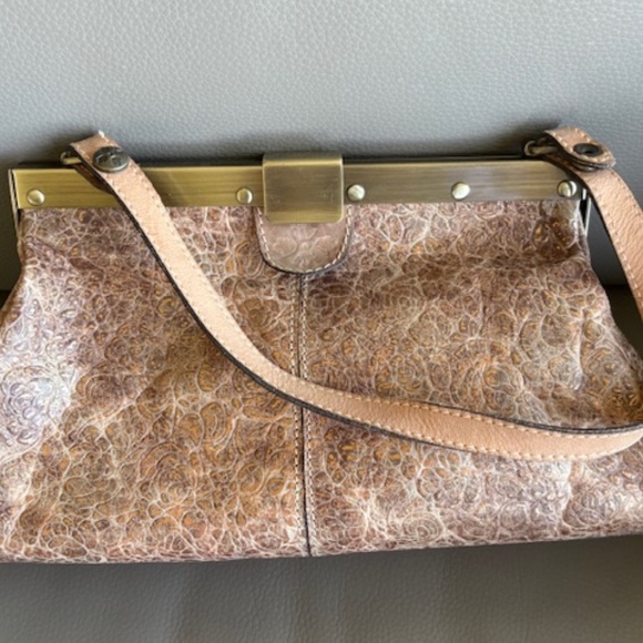 PATRICIA NASH Ferrara-Frame med. sz satchel purse Italian leather taupe gold - Picture 1 of 16